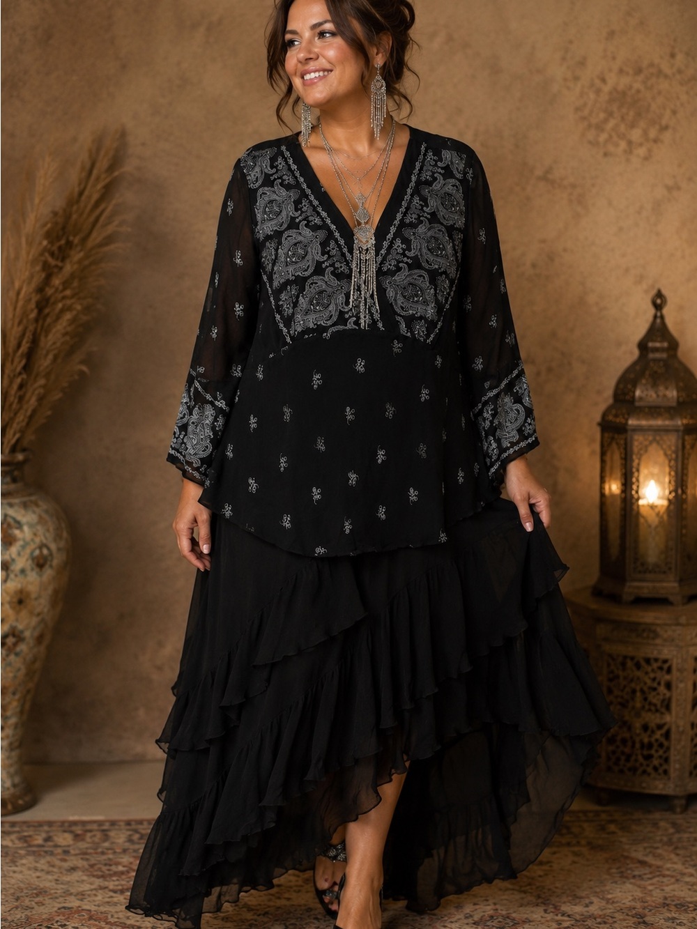 Black Paisley V-Neck Tunic Top with Silver Print - Picture 2 of 4